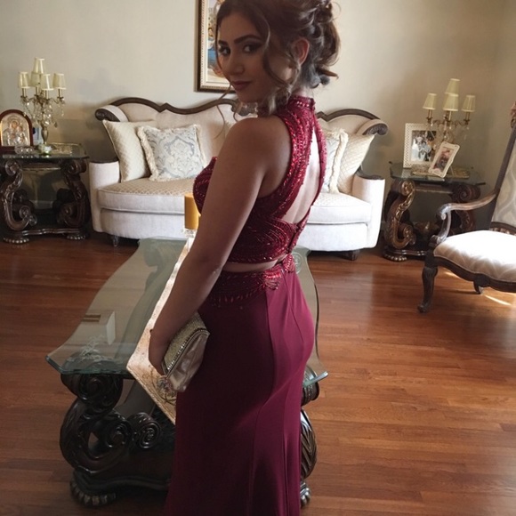 Le Femme Gorgeous Beaded Burgundy Evening Gown - Picture 3 of 8